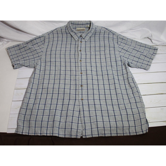 Fieldmaster Men's XL Blue Gray Check Plaid Button-up Shirt Linen Blend Pocket SS - Picture 3 of 8